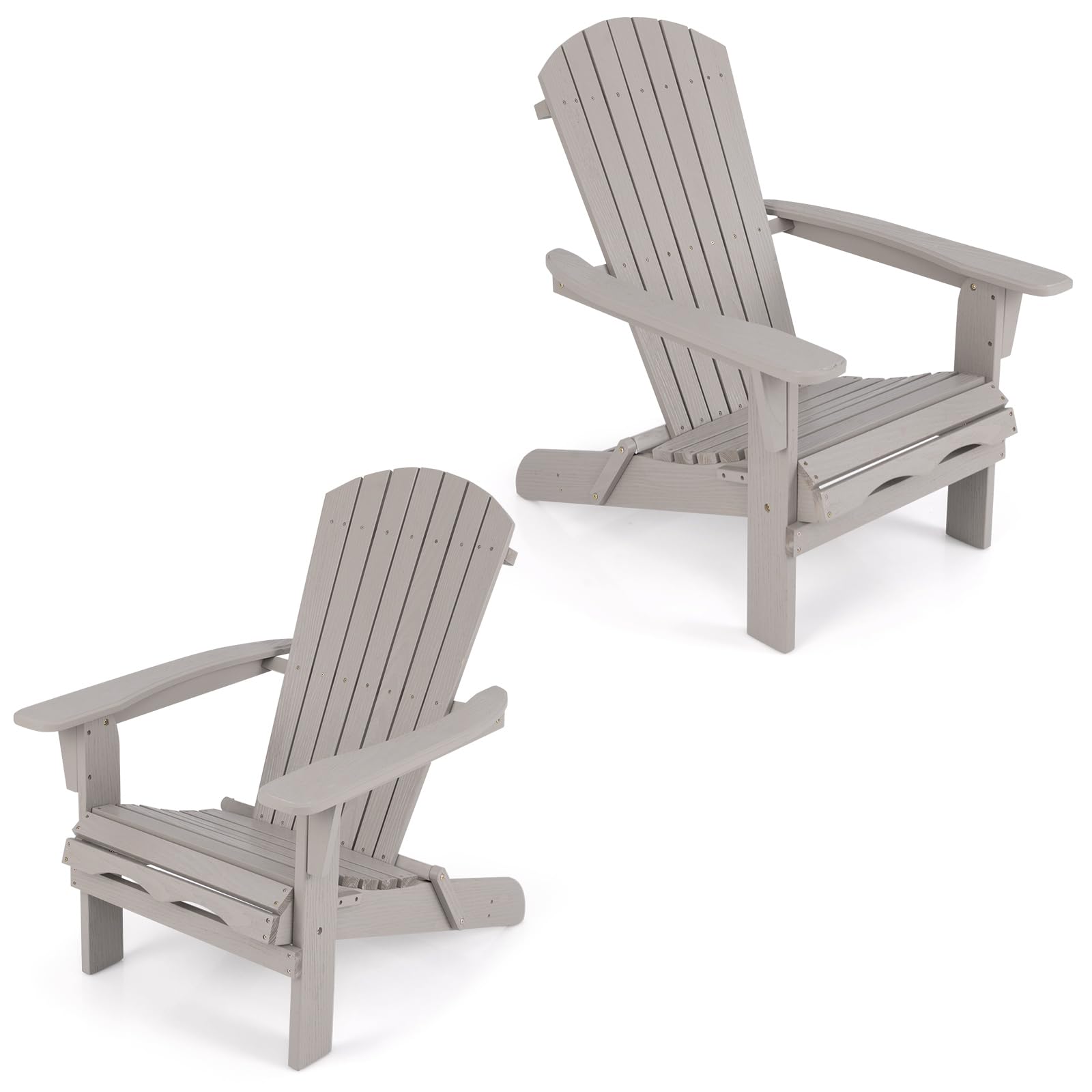 KOMFOTTEU Silla Adirondack Plegable, Silla de Jardín de Madera de Abeto, Silla Tumbona con Respaldo Alto y Reposabrazos, Sillón de Exterior Carga 180 kg para Patio, Terraza, Balcón (Gris x 2)