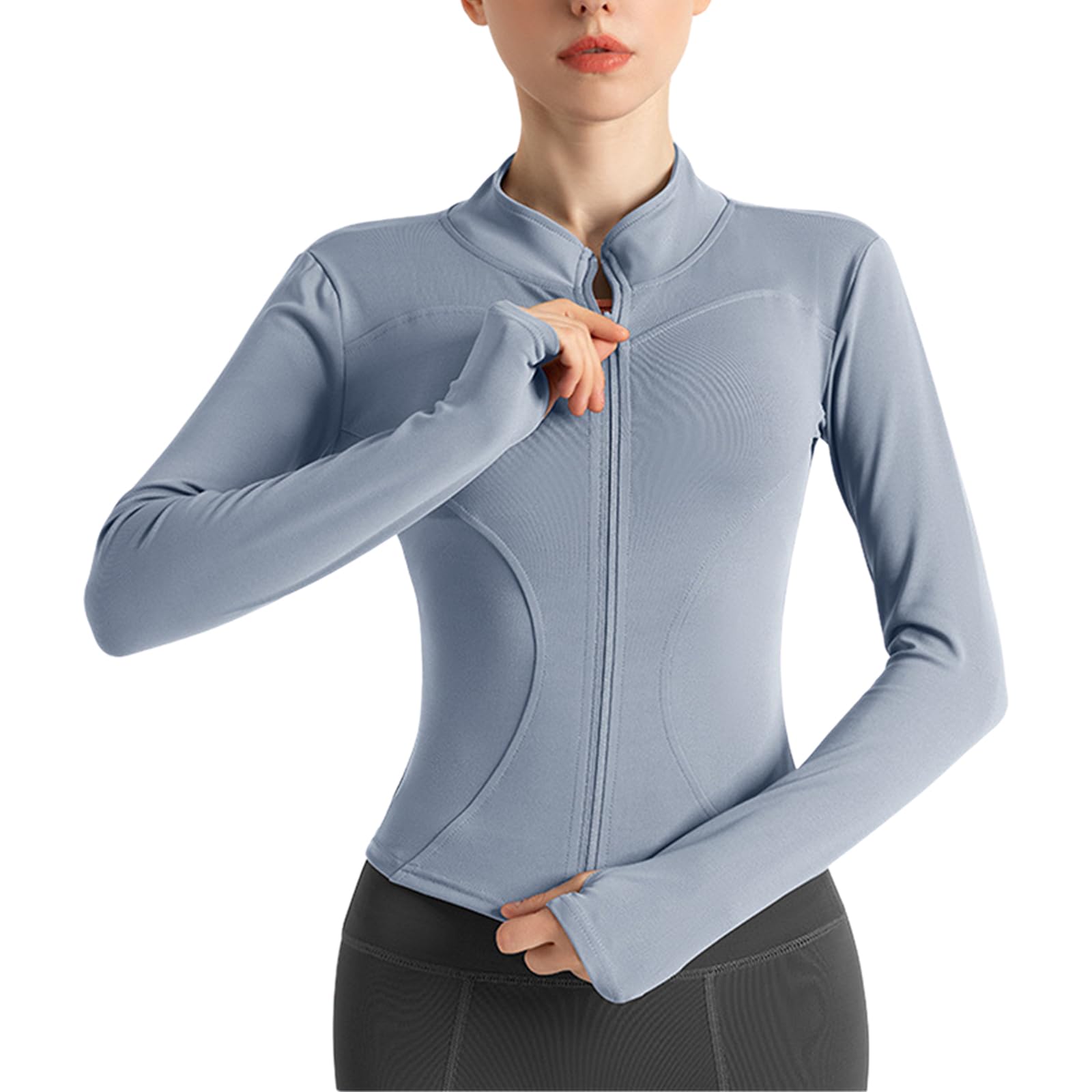 Sportjacke Damen Langarm Laufjacke Langer Reißverschluss Sport Jacke Damen Fitness Shirt Leicht Oberteile Trainingsjacke mit Daumenloch Gym Yoga Tops für Frauen Blau, L