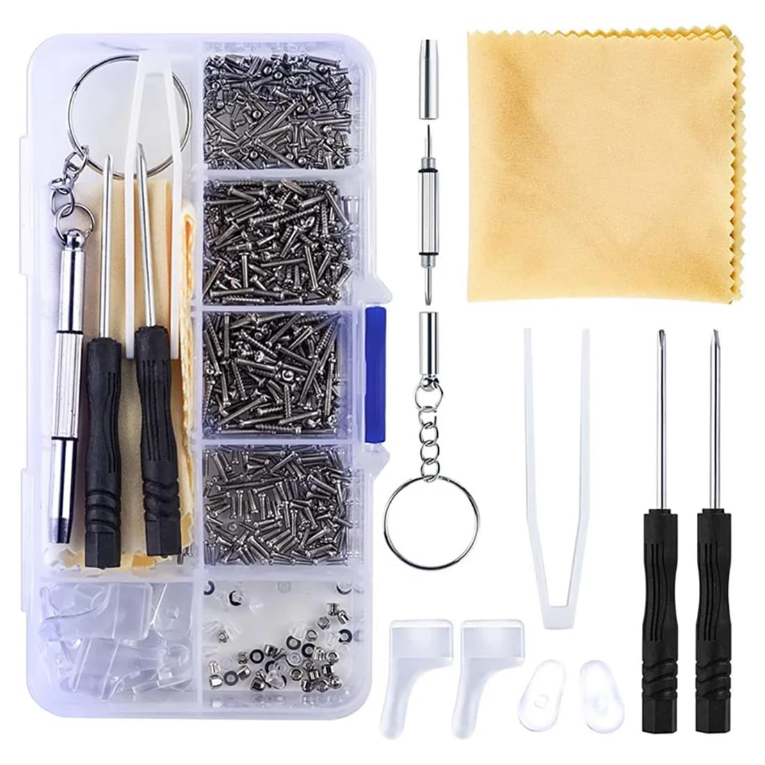 500 Pcs Kit di strumenti di riparazione per occhiali da sole, cacciaviti per riparazione occhiali, cacciavite, viti, dadi, naselli in silicone, pinzette, occhiali, panno per la riparazione