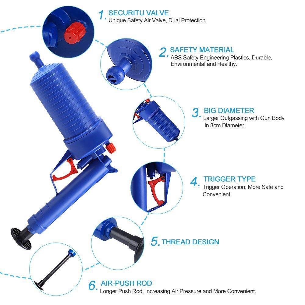 Ducomi Pistola de Limpieza de Drenaje – Herramienta de Desbloqueo de Inodoro para Tuberías Obstruidas - Blaster de Drenaje de Alta Presión de Aire -Bomba de Apertura para Baño, Cocina, Bañera (Azul)