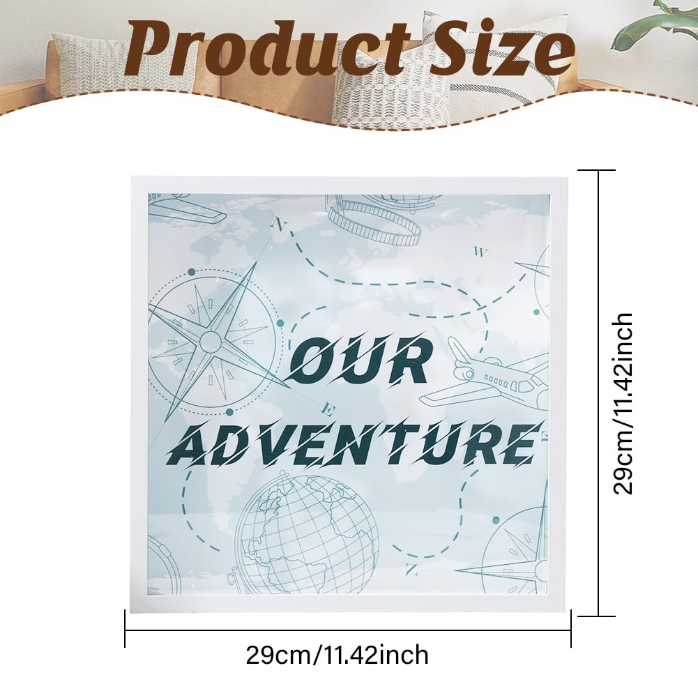 ORIGACH Large Travel Adventure Archive Box with Slot Adventure Fund Shadow Box Wooden Display Case for Memories for Keepsake with Ticket Postcard Photo Money (World Map Backgroud, 12x12)