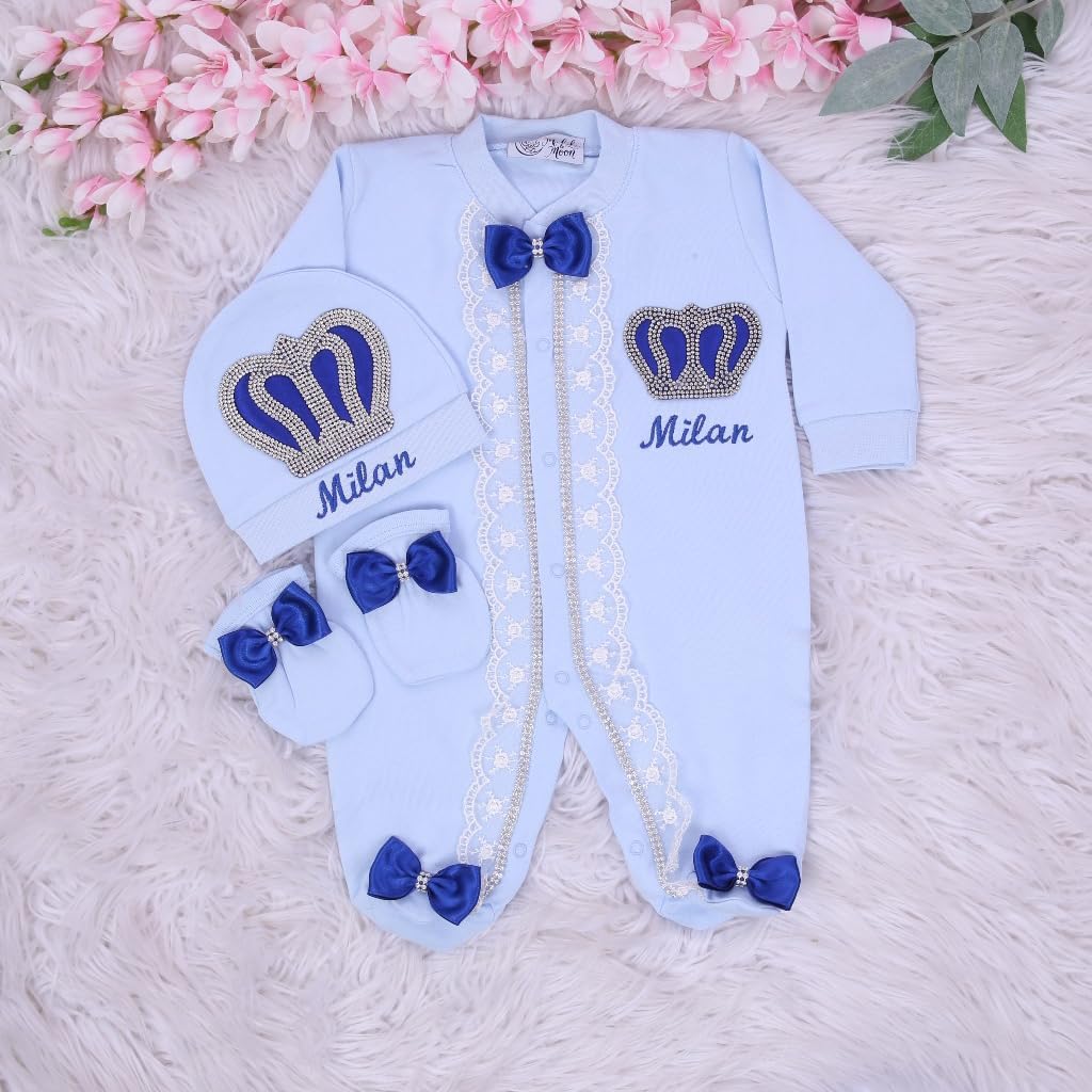 MELEK & MOON Personalized Luxury Infant Newborn Baby Boy Outfit – 3-Piece Cotton Set – Prince Angel's Dream Set