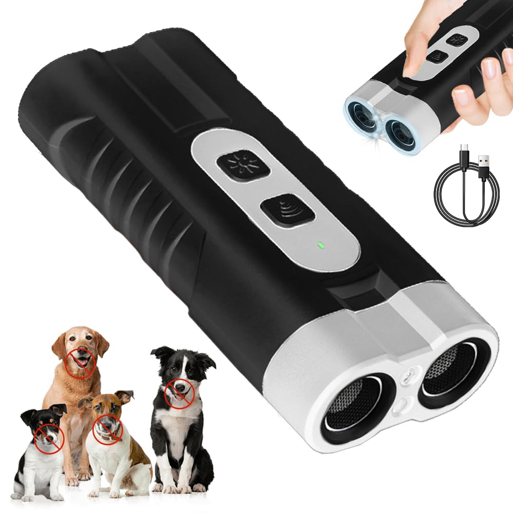RIRIDAMAI Anti Bell Gerät Hunde, Ultraschall Hundeabwehr, Wiederaufladbar Antibell Ultraschall Gerät mit LED-Taschenlampe für Kleine Große Hunde Innen Außenbereich Hund (Oranger Doppelkopf)