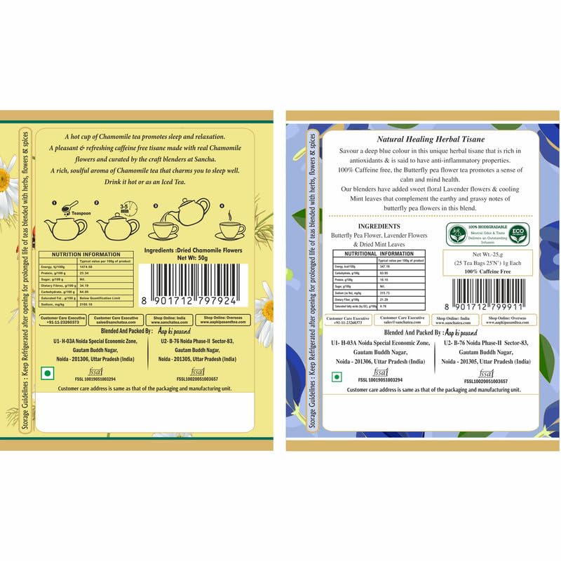 Image of Sancha Tea Boutique, Tea Combo Pack: Chamomile Herbal Tisane (50g) & Butterfly Pea Flower Tisane (25 Pyramid Bags), Caffeine Free Herbal Tisanes, Calming & Relaxing