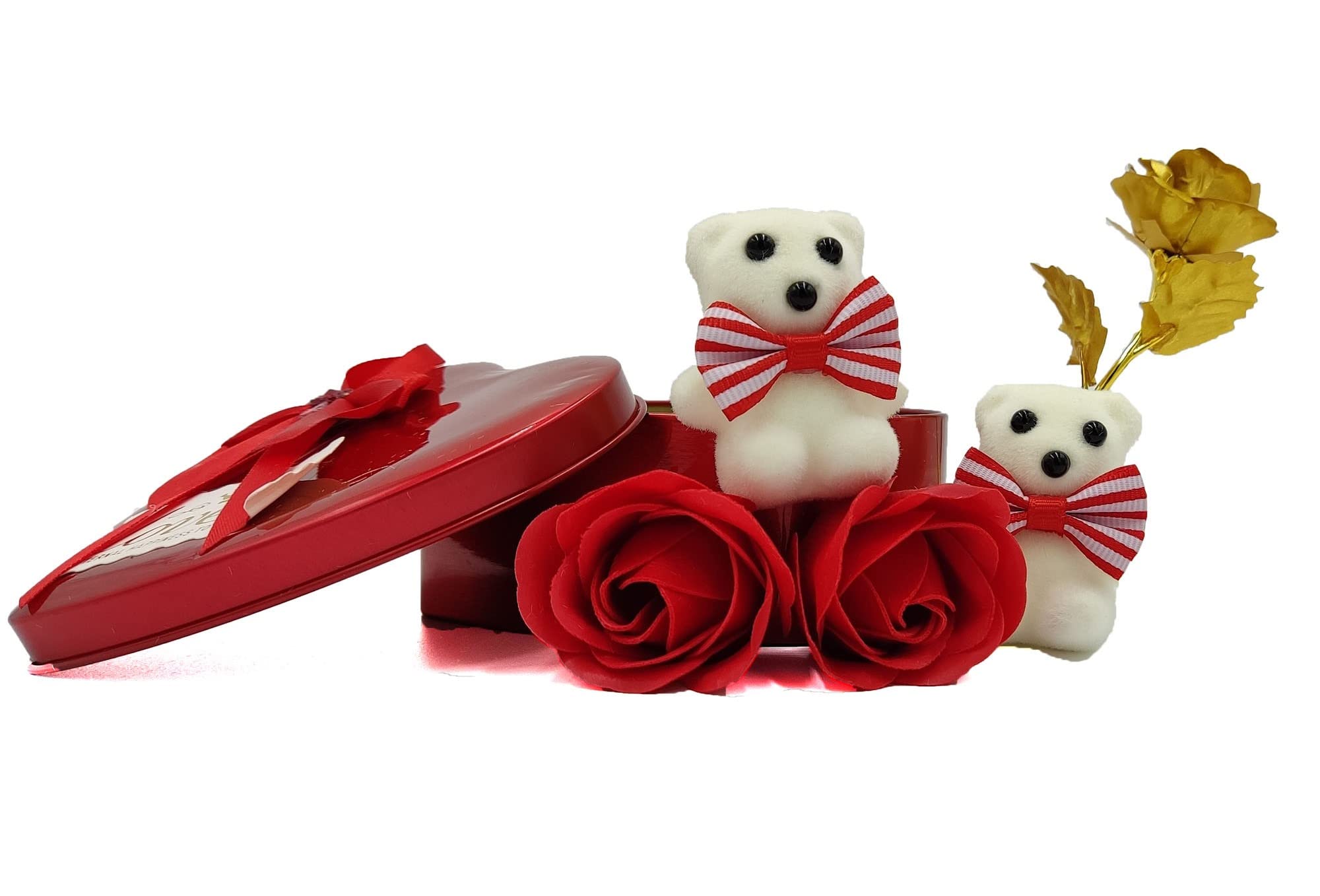 Heart Shape Gift Box with 2 Small Teddy, 2 Roses & 1 Golden Flower-image-19