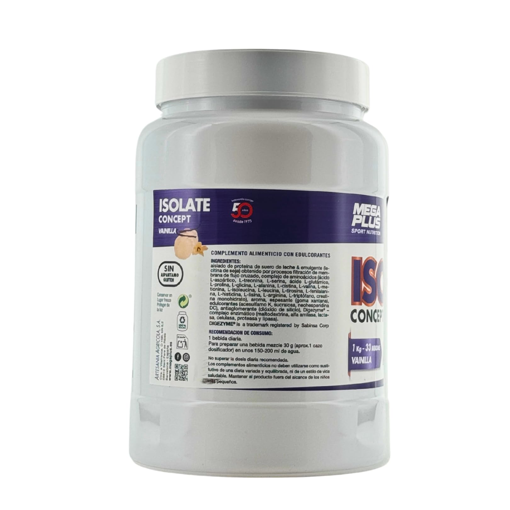 Protein Isolate concept 100% Mega Plus, białko w proszku do smoothie, białko do masy mięśniowej, bez glutenu, bez aspartamu, bez cukru, białko 1 kg (wanilia, 1 kg)