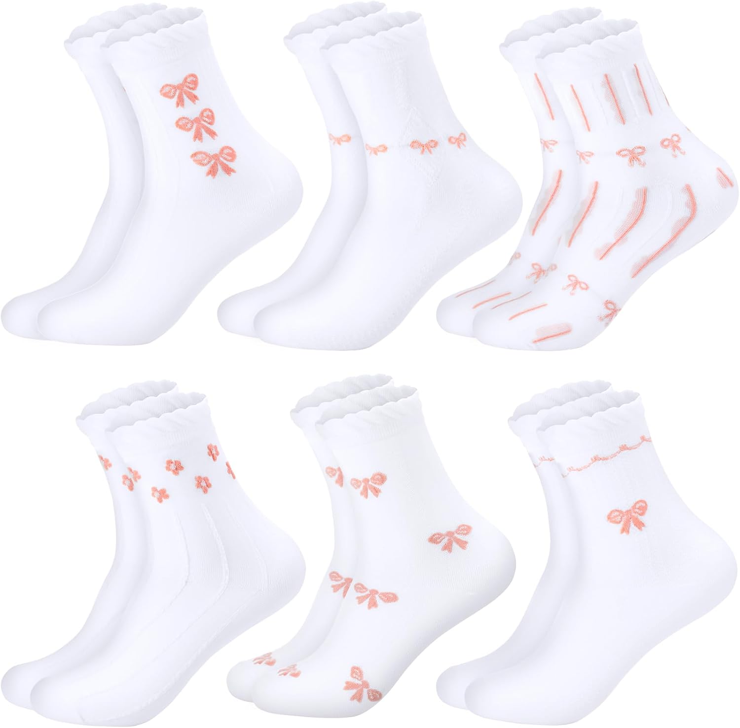 6 Pairs Cute Coquette Bow Ankle Crew Socks for Valentine Women Lace Ruffles Ankle Casual Sock Edge Spring Daily Wear Gift - Image 7