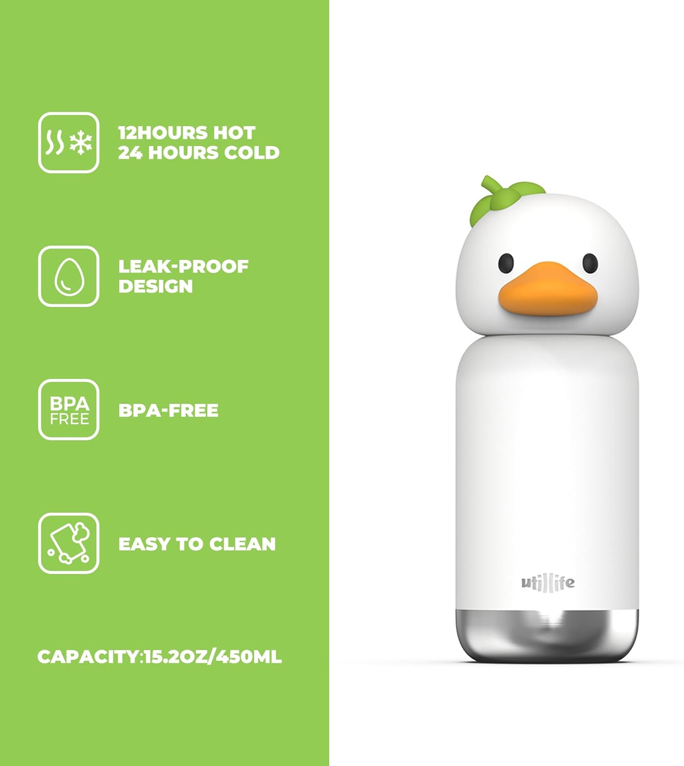 Insulated Stainless Steel Tumbler with Detachable Soft Animal Head,Leakproof BPA-Free,15.2oz Kids Water Bottle with Straw for School and Travel(Duck) - Image 2