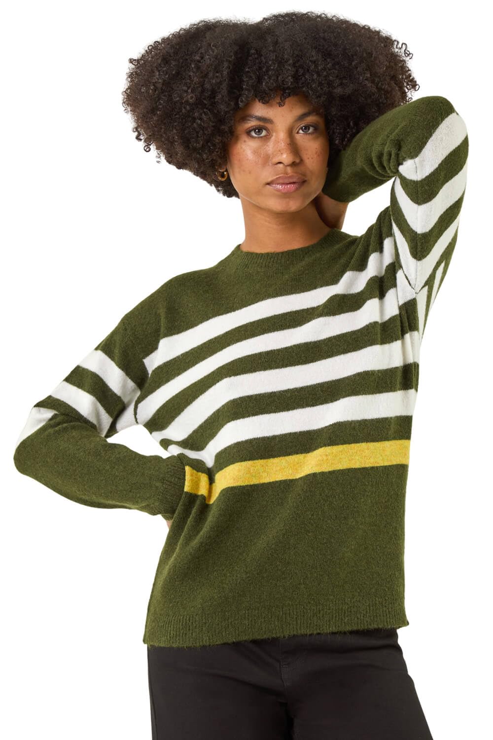 Roman Women's Green Stripe Crew Neck Knit Jumper In | Size: 16