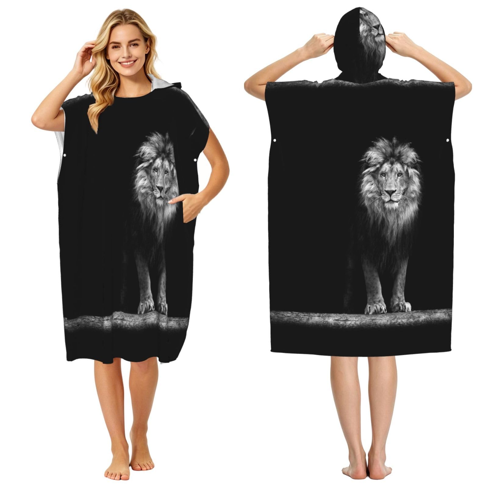 Poadnly Beautiful Lion Print, Adult Hooded Beach Towel 90 x 110 cm,Changing Bath Robe, Surf Poncho Towel For Women Men