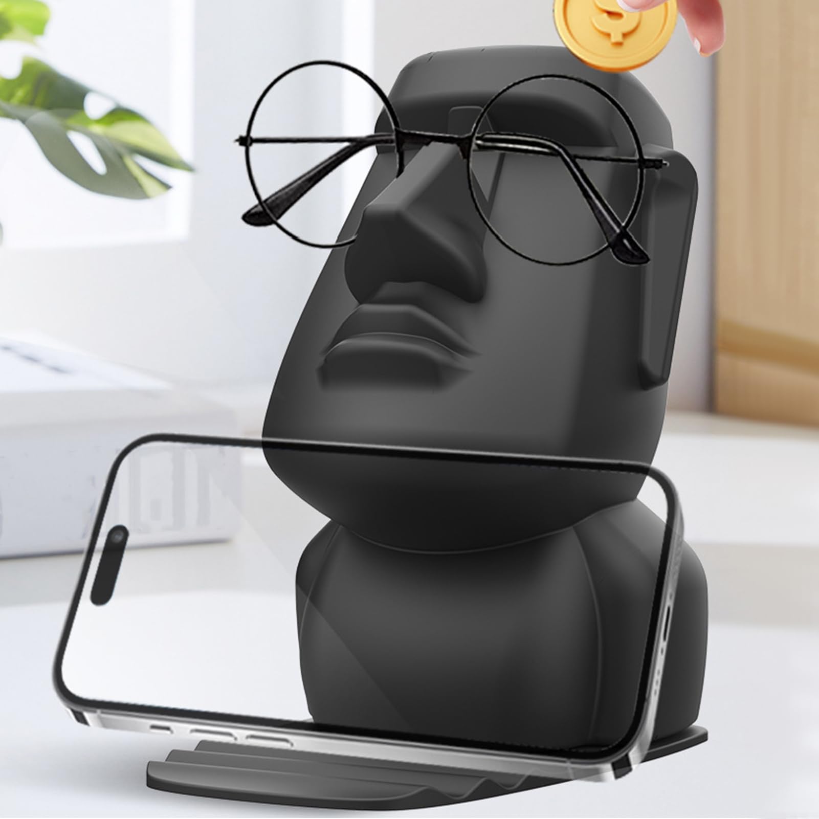 Zabawny uchwyt okulary, stojak okulary - Stojak okulary z g?ow? Wyspy Wielkanocnej - Rze?ba stó? domowy, wielofunkcyjna podstawka telefon komórkowy do sypialni w akademiku