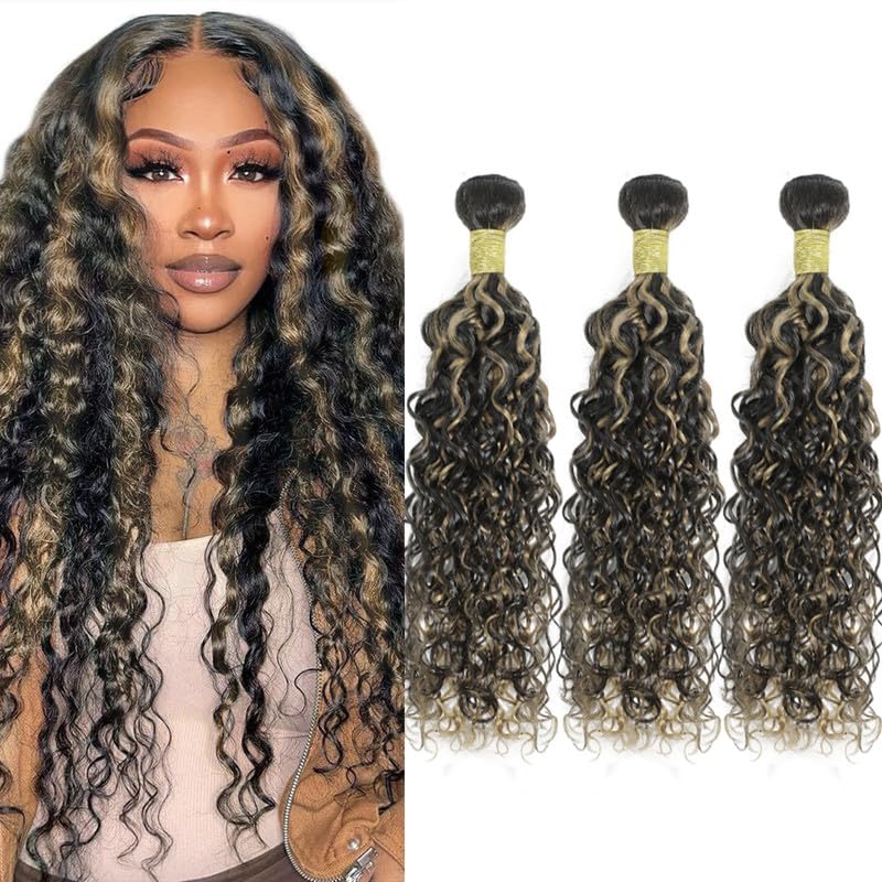 Water Wave Bundles Human Hair 18 20 22Inch Blonde Highlight Bundles Brazilian Virgin Hair Weave 3Bundles Hair Deal（Black and Blonde #P1B/27）