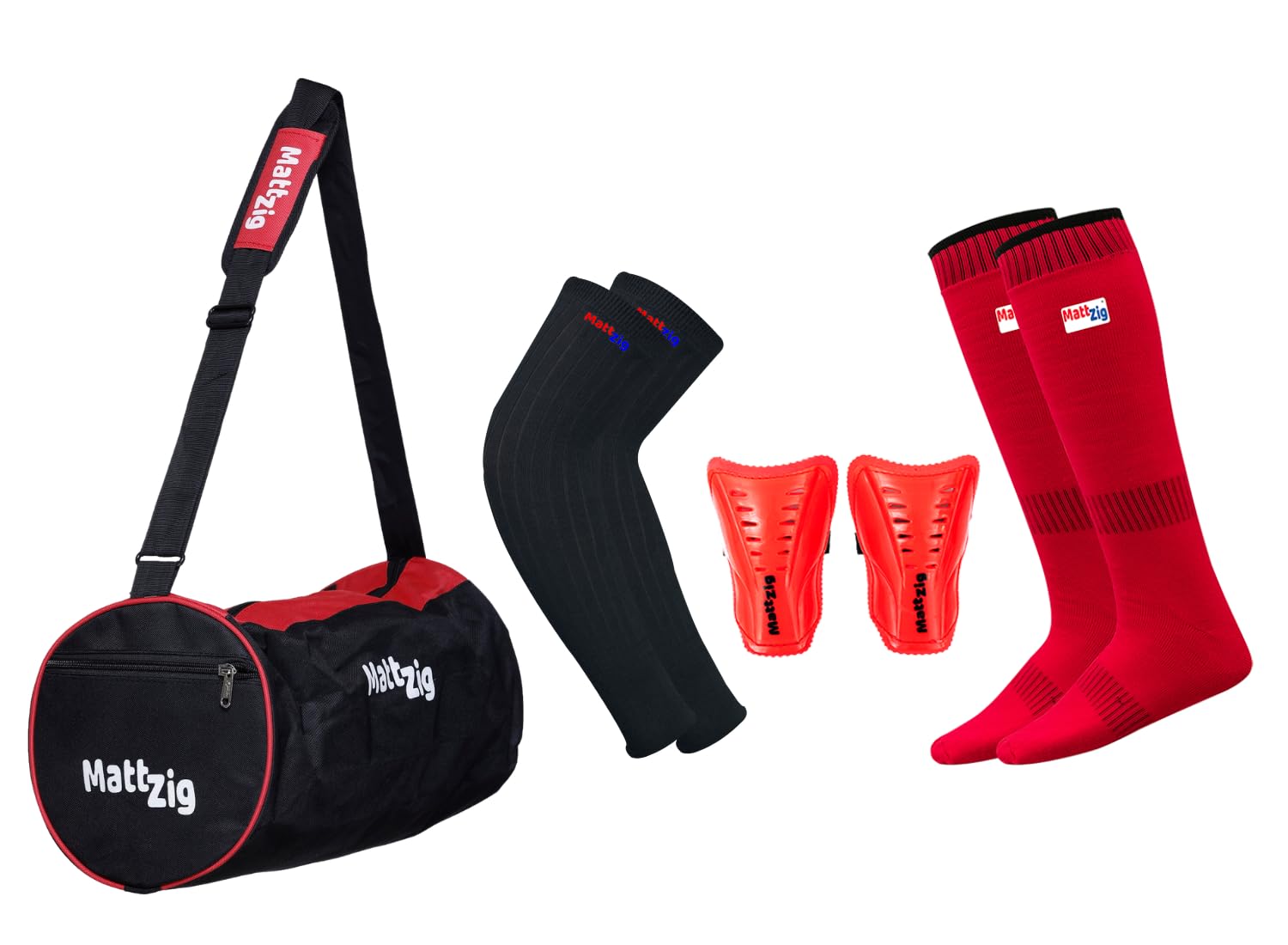 MattZig® Club Football Kit (One Pair of Knee Length Poplin Socks + One Pair of Shin Guard + One Pair of Cotton Arm Sleeves + One Kit Bag) (Black, Red)-image-34