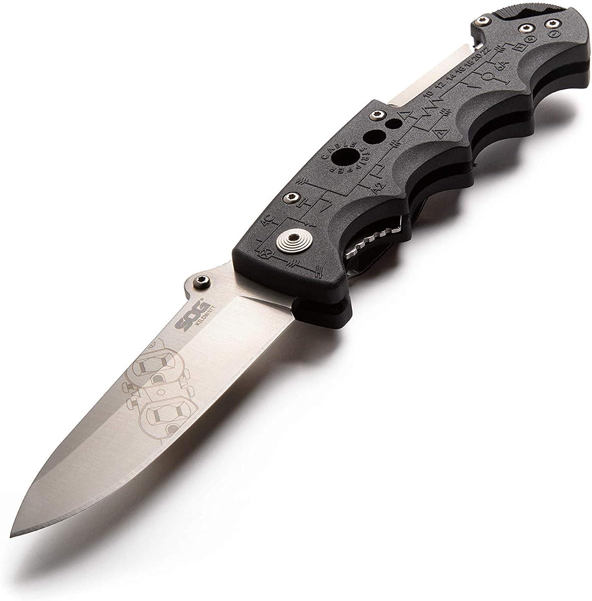 Kilovatio SOG- Cuchillo de bolsillo para electricistas con multiherramienta pelacables y cuchilla AUS-8 de 3.4 pulgadas, cuchillo pelacables UTP 10-22G (EL01-CP), negro