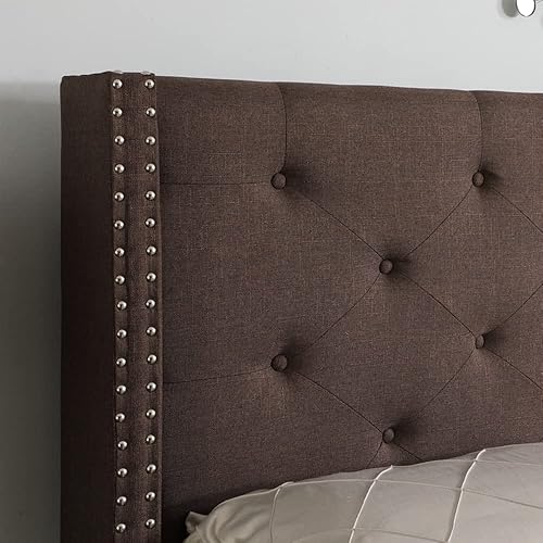 Miniatura 26 de Base de cama de plataforma tapizada completa con cabecero de 51 pulgadas de alto, cama de tela copetuda con botones, soporte de listones de madera