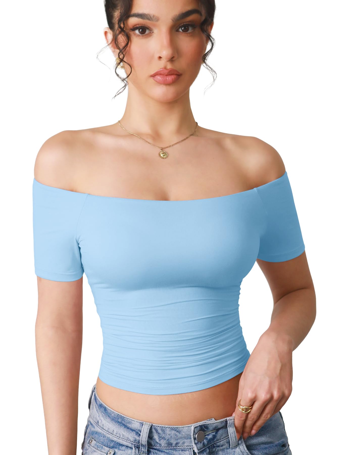 ZAAYO Y2K Summer Crop Top Camiseta deportiva para mujer con hombros descubiertos