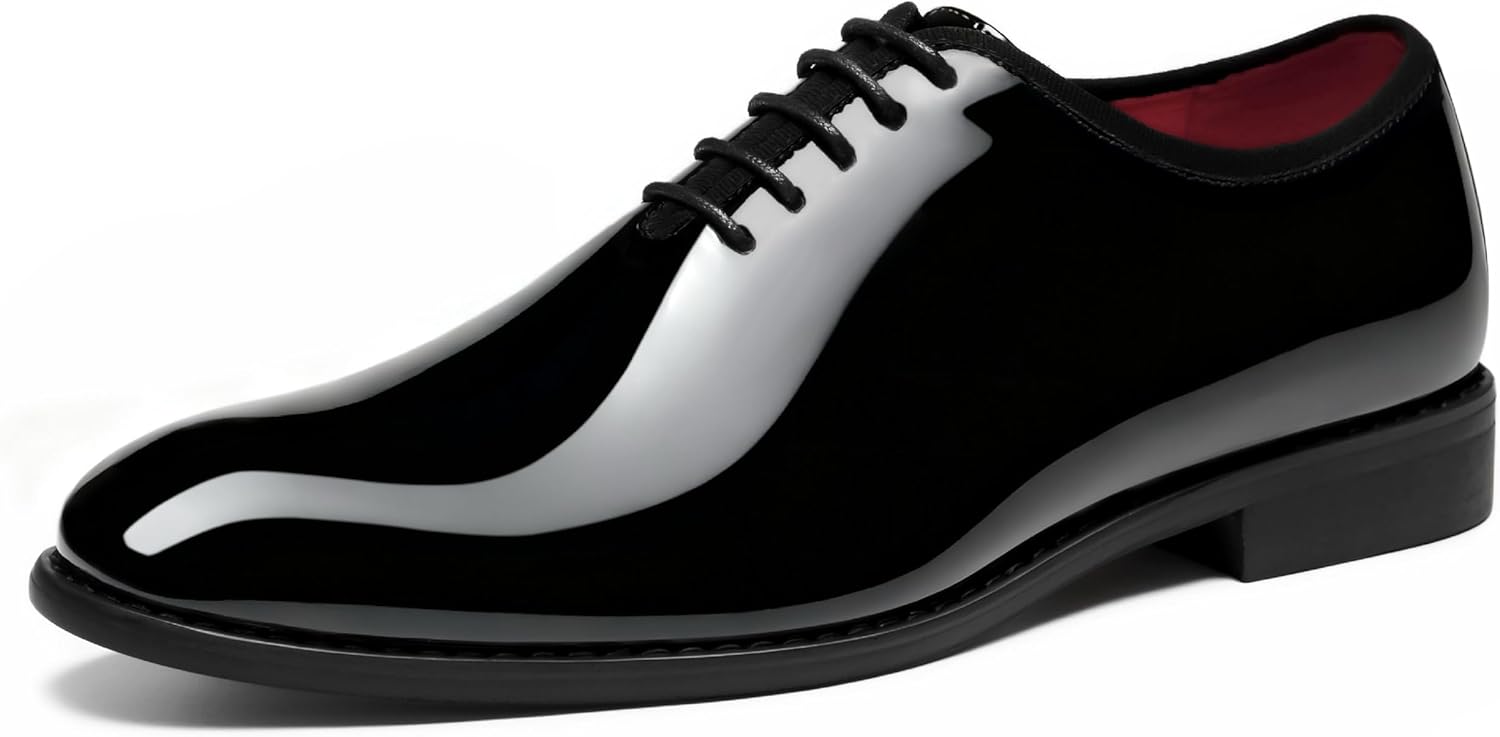 HEEZ Men’s Dress Shoes Patent Leather, Formal Tuxedo Shoes for Men with Plain Toe, Non Slip Lace up Oxford for Wedding Prom Party Dance Business