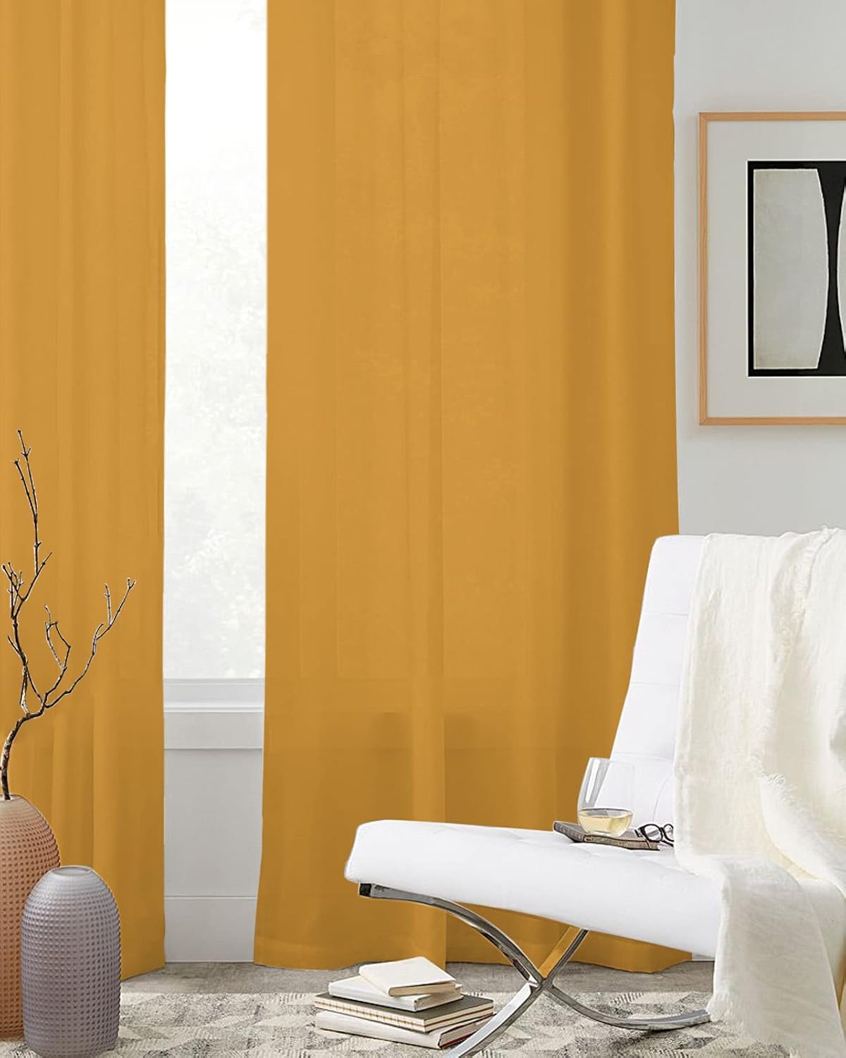 Chiffon Sheer Curtains 45 Inches Long 2 Panels Solid Color Ginger Light Filtering Curtains Grommet Top Semi Sheer Window Curtains for Living Room Bedroom Yard
