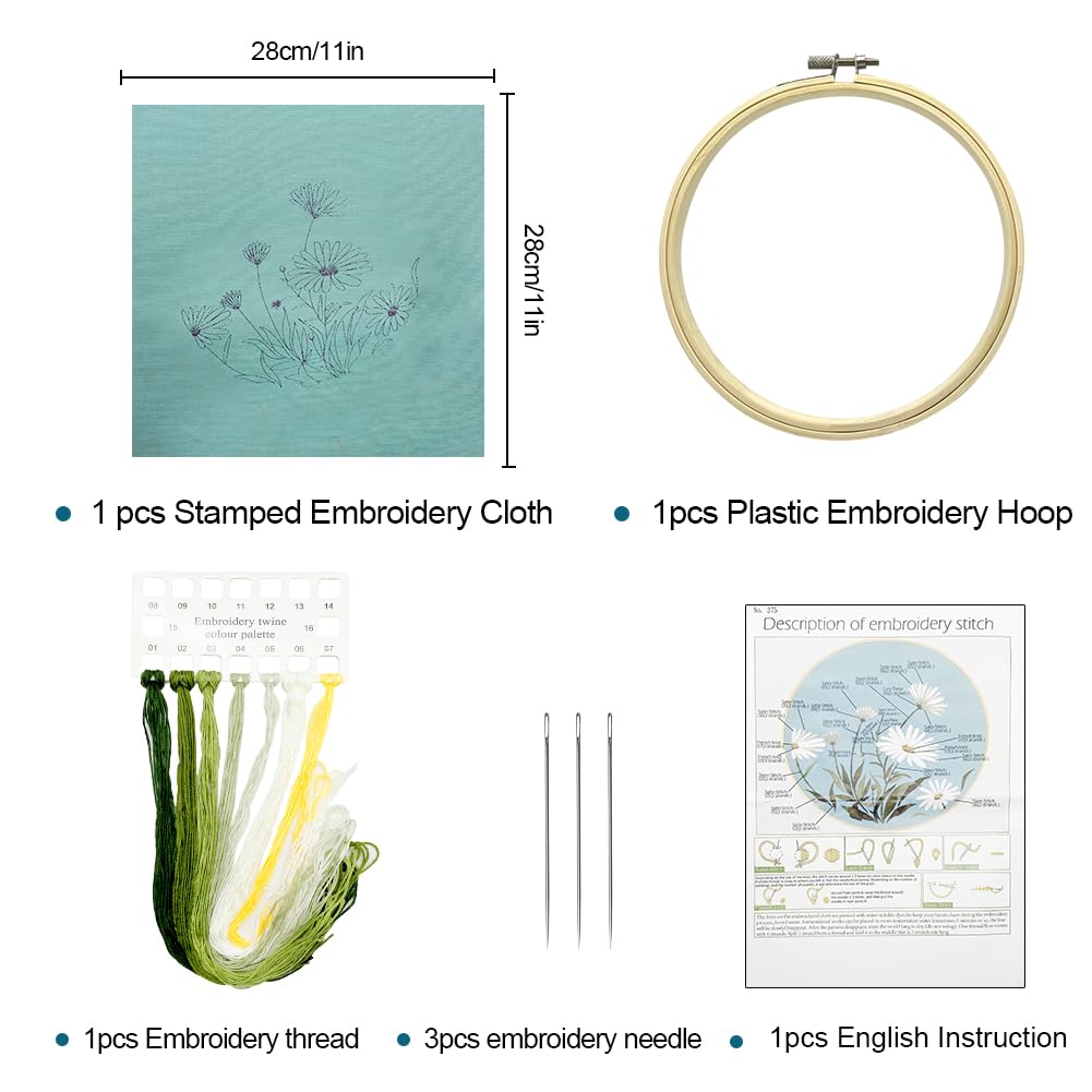 SwirlColor Kit Broderie Debutant Brillant Floral Feuille Lin Broderie Bricolage Avec Motif, Livre D'instructions, Fil, Aiguille, 1 Cerceau