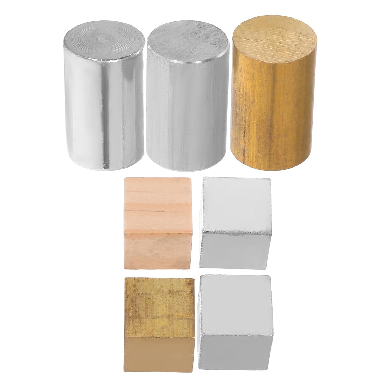 Holibanna 7pcs Scientific Metal Cube Set with Aluminum, Iron, Copper Small Square Blocks and Cylinders for Density Measurement and Specific Gravity Experiments in Chemistry Lab