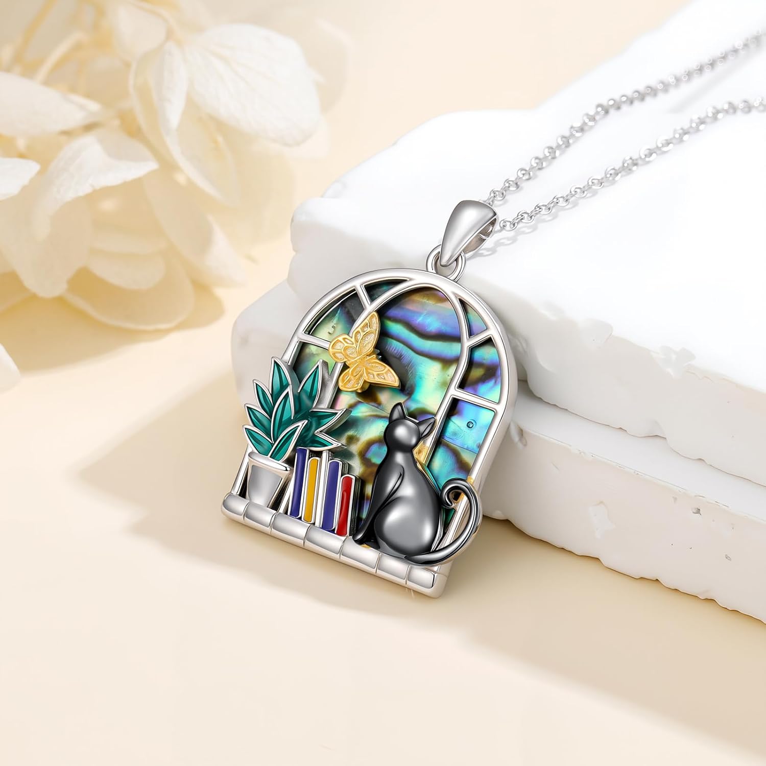 LONAGO Cat Pendant Necklace with Abalone Shell Sterling Silver Cat Necklace Jewelry Gift for Women - Image 2