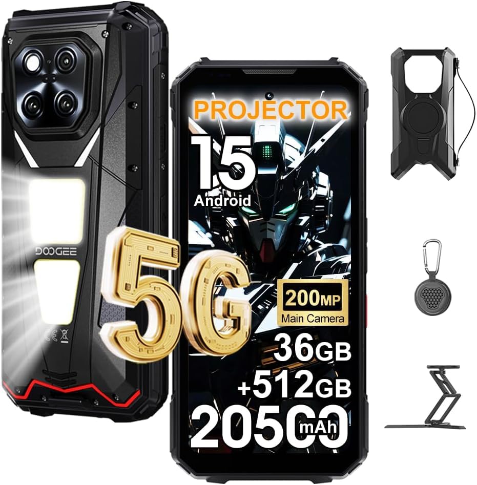 V Max Play VIP 5G Rugged Smartphone with Projector, 36GB+512GB/2TB, 20500mAh 45W Android 15 Unbreakable Phone, 6.78'' FHD+ 120Hz, 200MP+20MP AI Camera, 1200LM Camping Light Black