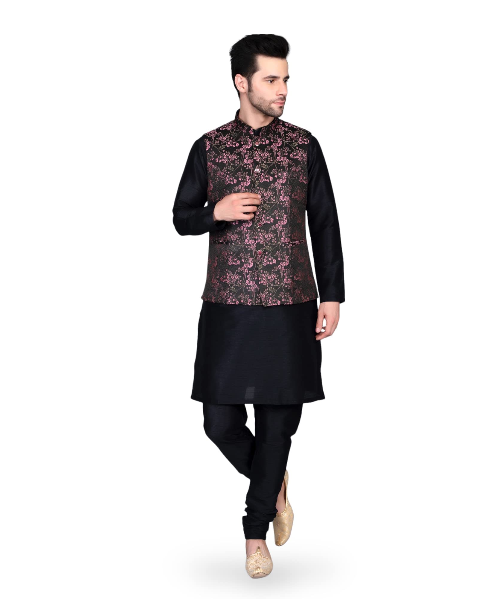 EthluxisMen's Silk Blend Kurta Churidar Pyjama with Ethnic Bundi Jacket Set