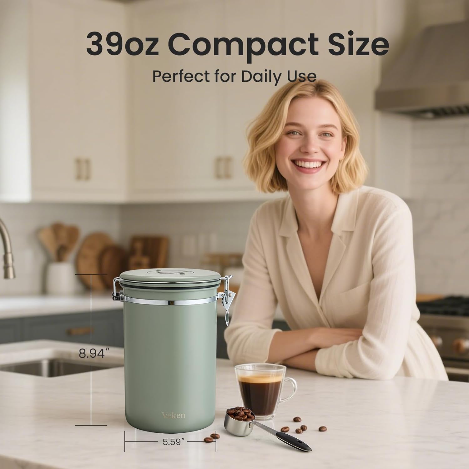Veken Coffee Canister, 39OZ Large, Airtight Stainless Steel Food Storage Container for 2.2lbs Coffee Beans, Ground, Sugar, Tea, Flour, Cereal, Kitchen Bar Accessories with Date Tracker & Scoop, Green - Image 2