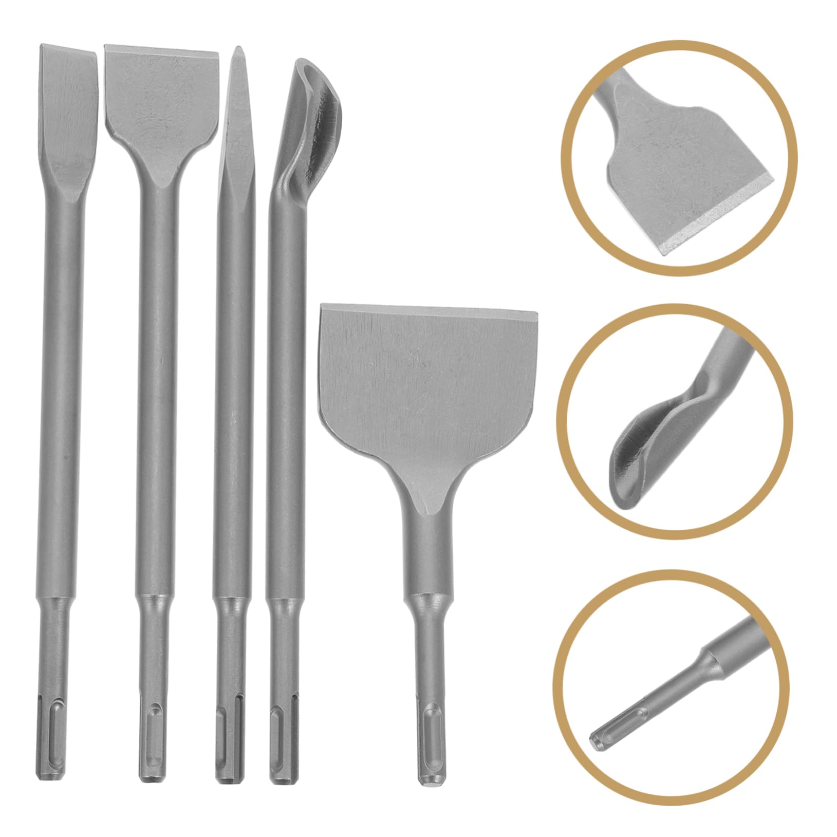 Set di 5 Scalpelli da Muratura in Acciaio Cromato per Cemento e Pietra | Punta Piatta, Sagoma a U, Punta Affilata e Larghezza Extra, per Ristrutturazione Domestica e Cantieri