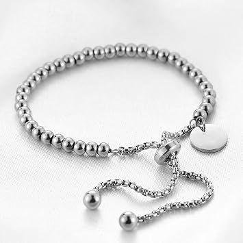 925 Sterling Silver 18K Gold Plated Minimalist Round Pendant Adjustable Bead Bracelet, Simple Geometric Couple BraceletSilver