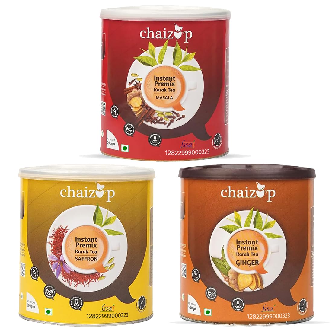 Chaizup Premium 1 Min Instant Assorted Tea Pack - 500G Cans (Pack Of 3)|Masala, Ginger & Saffron Flavours|Approx. 108 Servings|1500 Gram