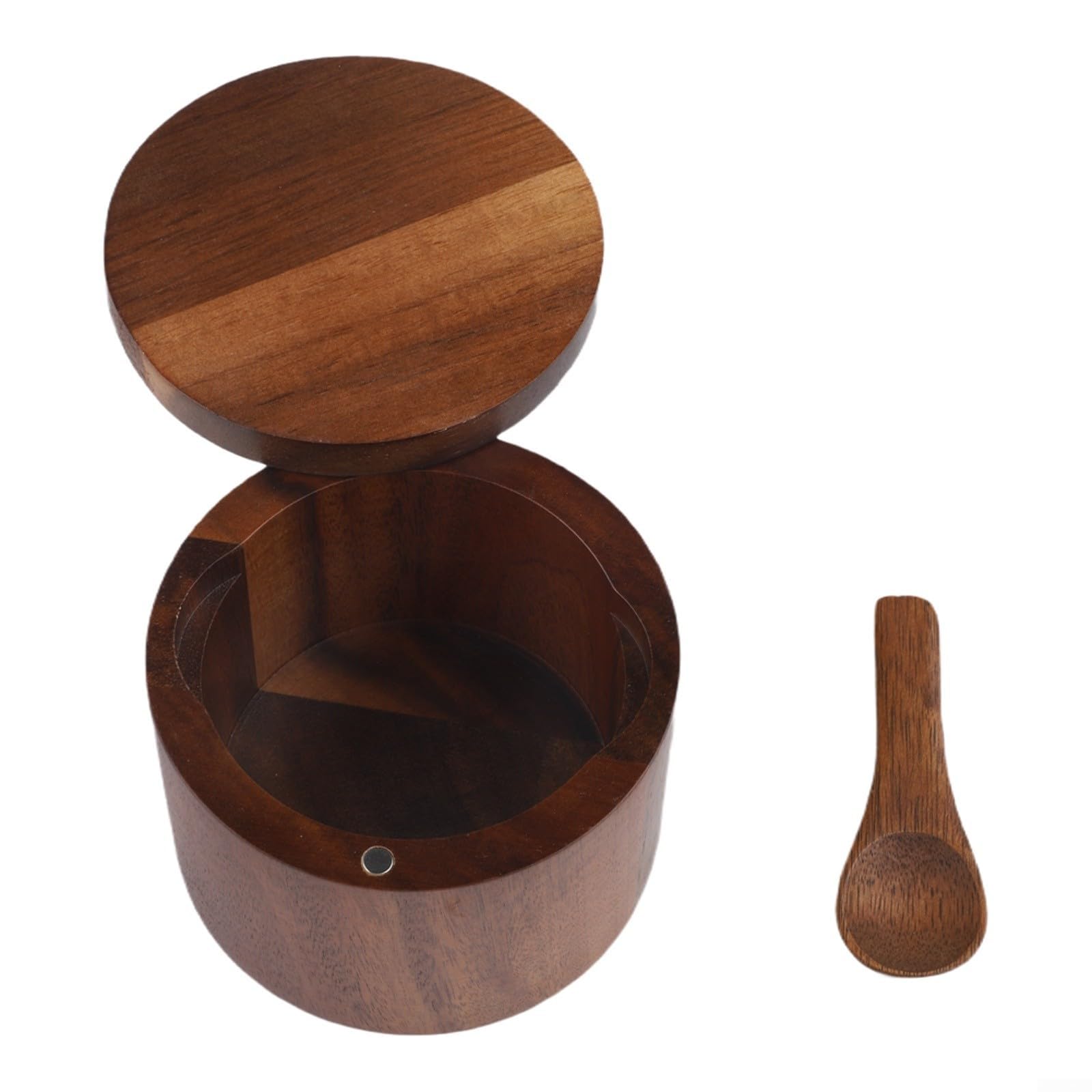 Salero de madera natural con tapa de cierre giratorio y ranura funcional para cuchara para un flujo de trabajo de cocina optimizado (marrón)
