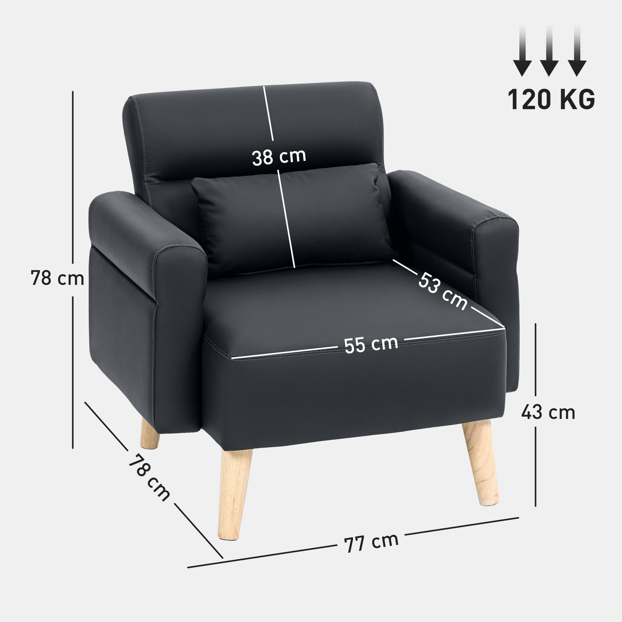 HOMCOM Sillón de Salón Tapizado en Cuero Sintético Butaca de Salón de 77 cm con Reposabrazos Acolchado Grueso Respaldo Acanalado y Patas de Madera para Dormitorio Sala de Estar Negro