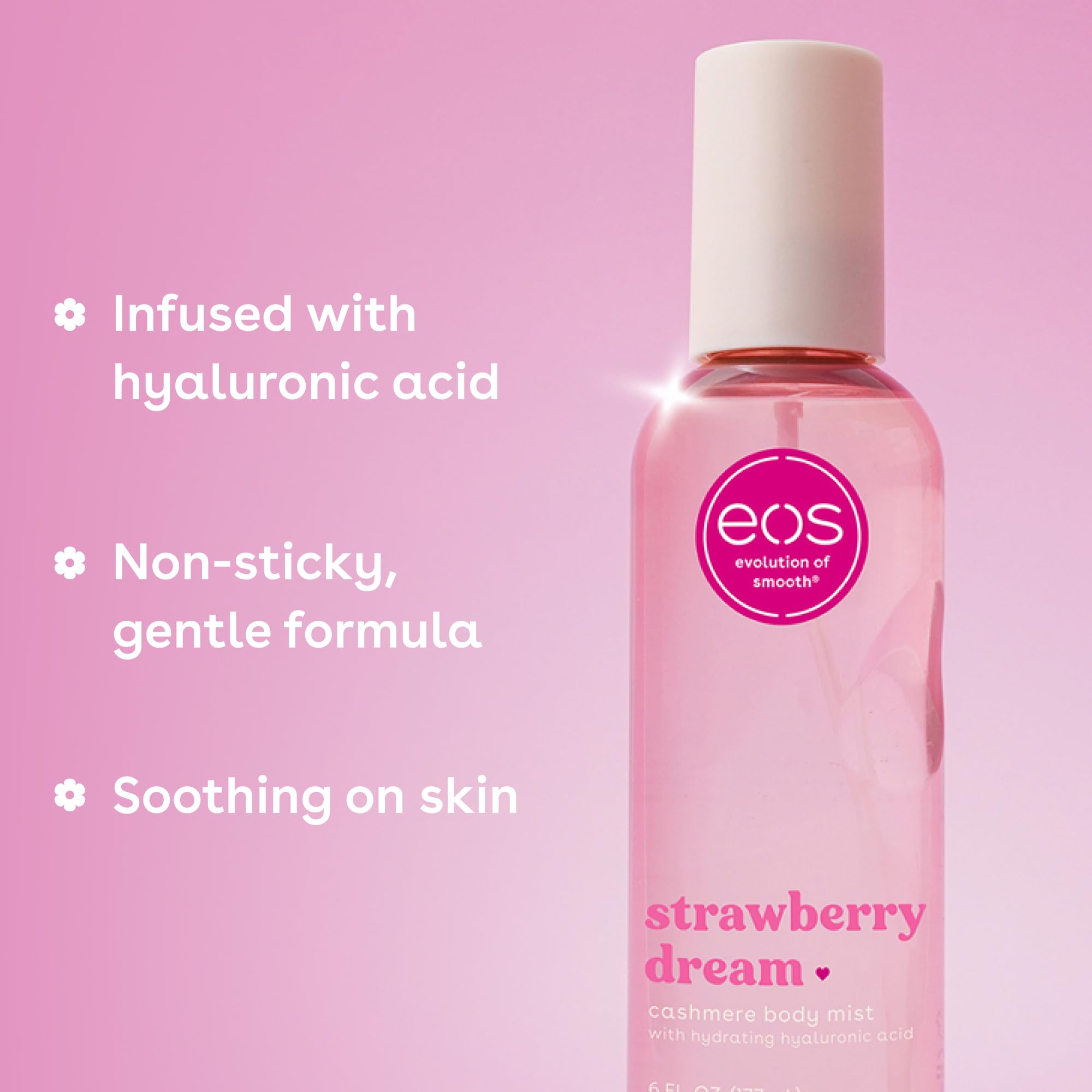 eos Cashmere Body Mist, Strawberry Dream, Body Spray for Women, Strawberry Perfume, Hair Mist, Moisturizing, Hyaluronic Acid, Glycerin, Vegan, Cruelty-free, 6 fl oz