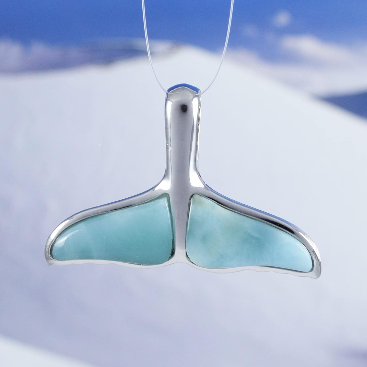 Unique Hawaiian Genuine Larimar Whale Tail Necklace, Sterling Silver Larimar Whale Tail Pendant, N8445A