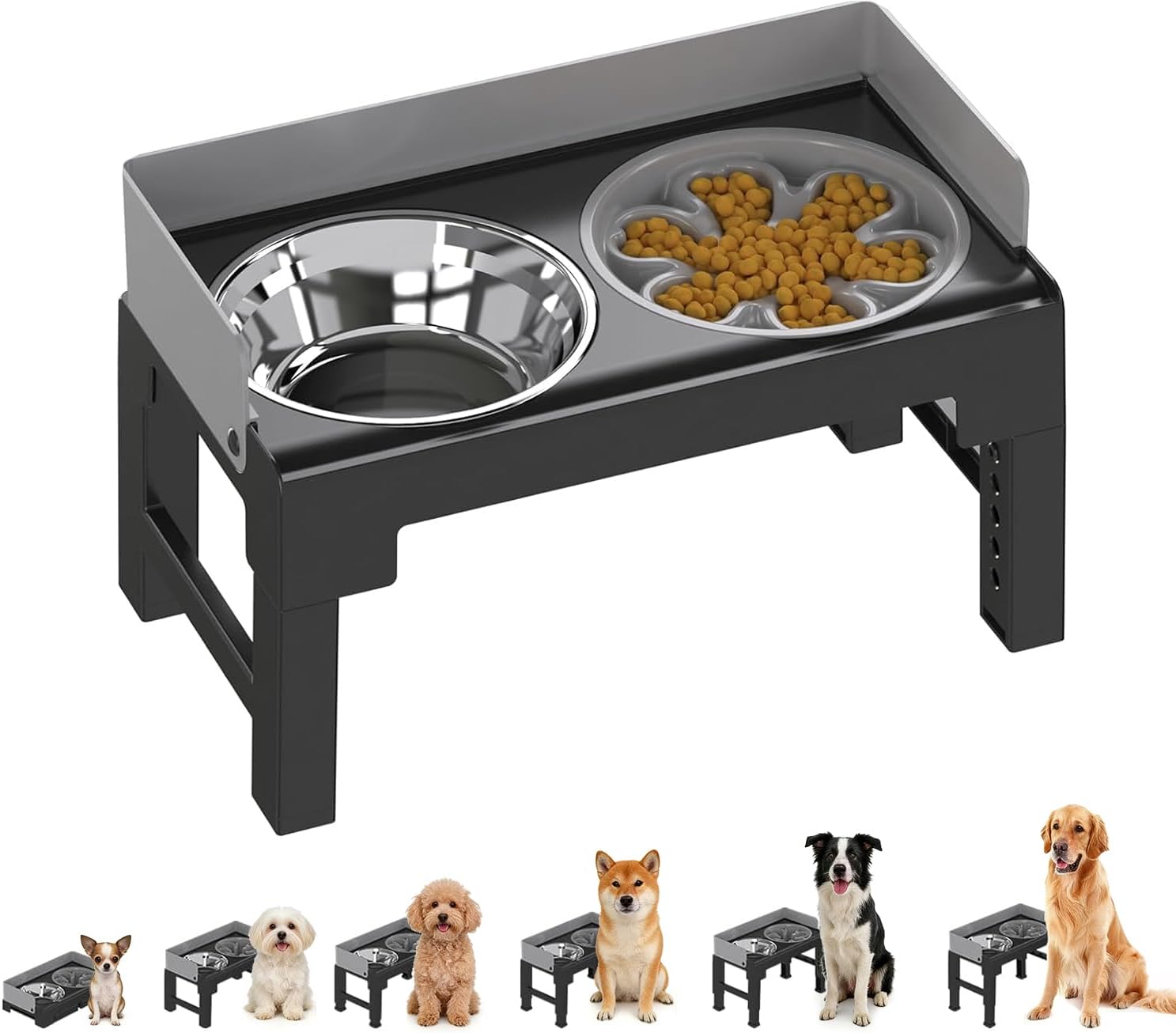 PAKEWAY Elevated Dog Bowls, Spill Proof, Tiltable Pet Feeder with 1 Slow Feeder Bowl &1 Stainless Steel Bowl, 6 Height Adjustable Raised Dog Bowls Stand for Medium Large Dogs
