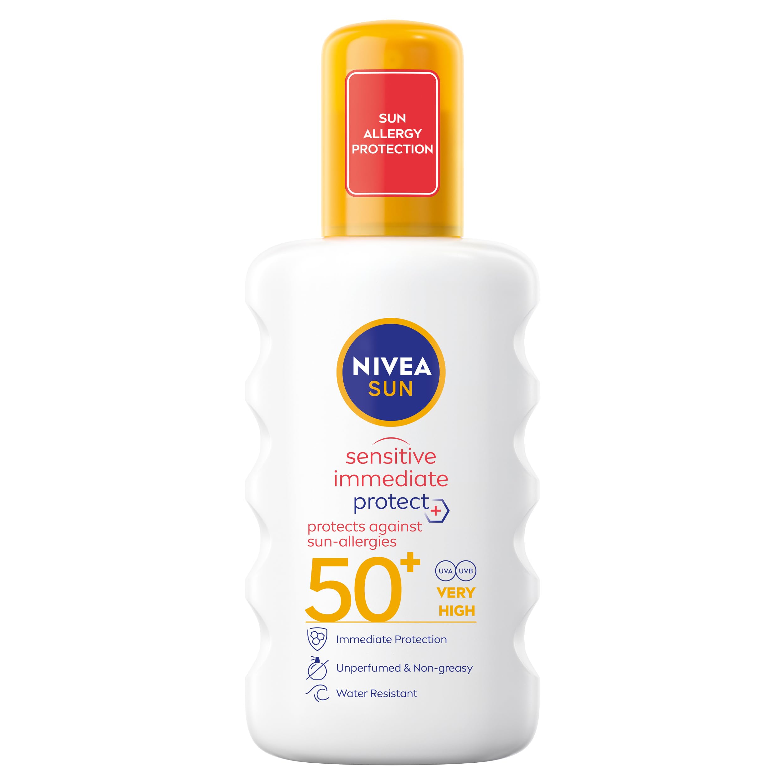 NIVEA SUN Sensitive Allergy Immediate Protect Spray SPF 50+ (200ml), Sun Cream for Sensitive Skin, Sun Protection Factor 50+, Water-Resistant Sunscreen Spray