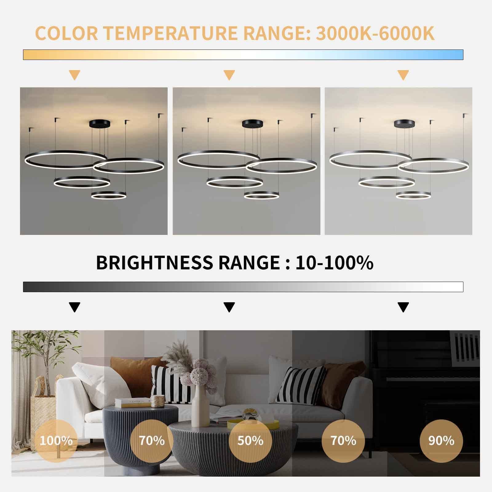 Moderne LED Pendelleuchte, 3-Ringe Kollektion, Black Farbe, Verstellbarer HäNgeleuchter, Moderne Deckenleuchte, mit Fernbedienung Dimmbar, 3000k - 6000k, mit Speicherfunktion, 68w
