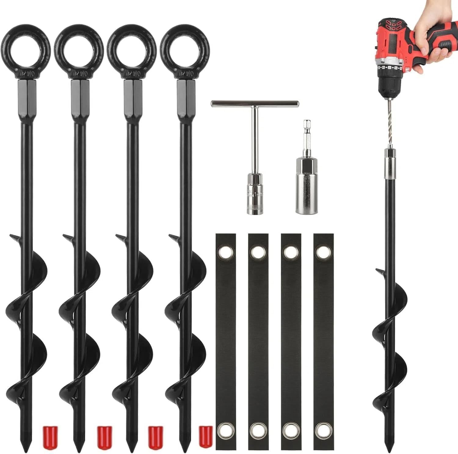 Kit d'ancrages pour trampoline avec sangles réglables et vis de fixation au sol multi-tailles