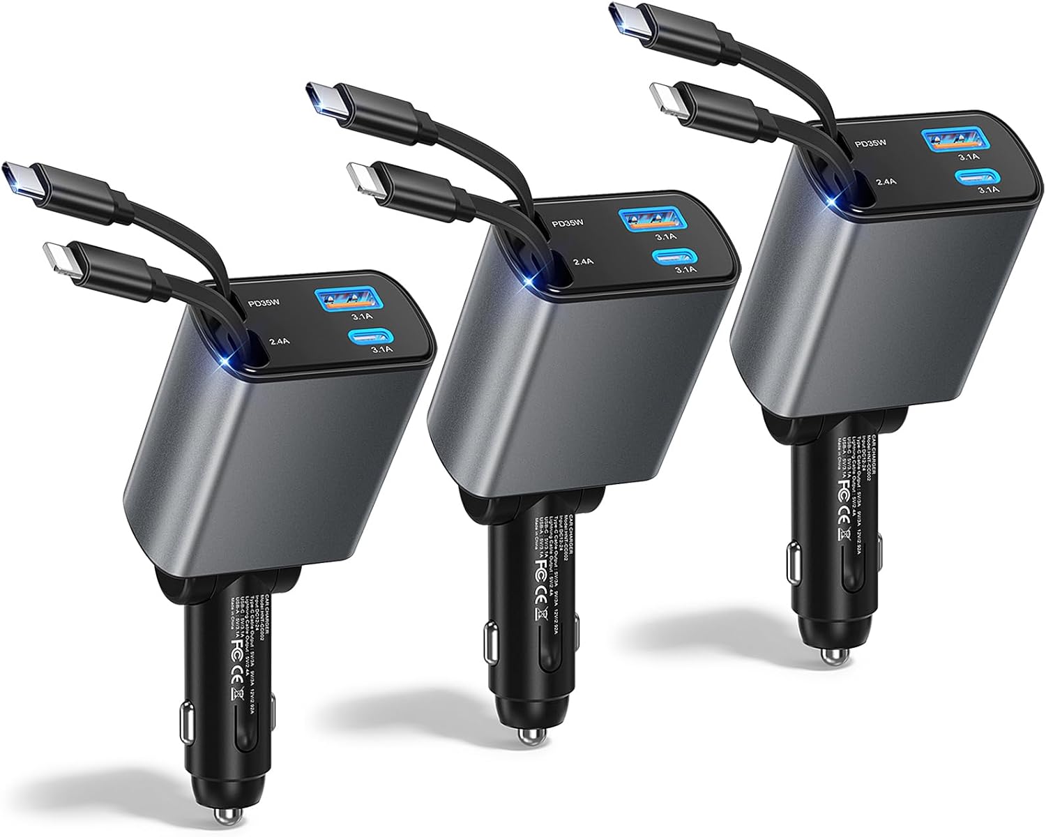 3 Pack Retractable Car Charger USB C Fast Charging, 4 in 1 Car Adapter Phone Charger, 77W Cigarette Lighter USB Charger with Retractable USB C Cable for iPhone16/15/14/13/12/11,Galaxy,Pixel