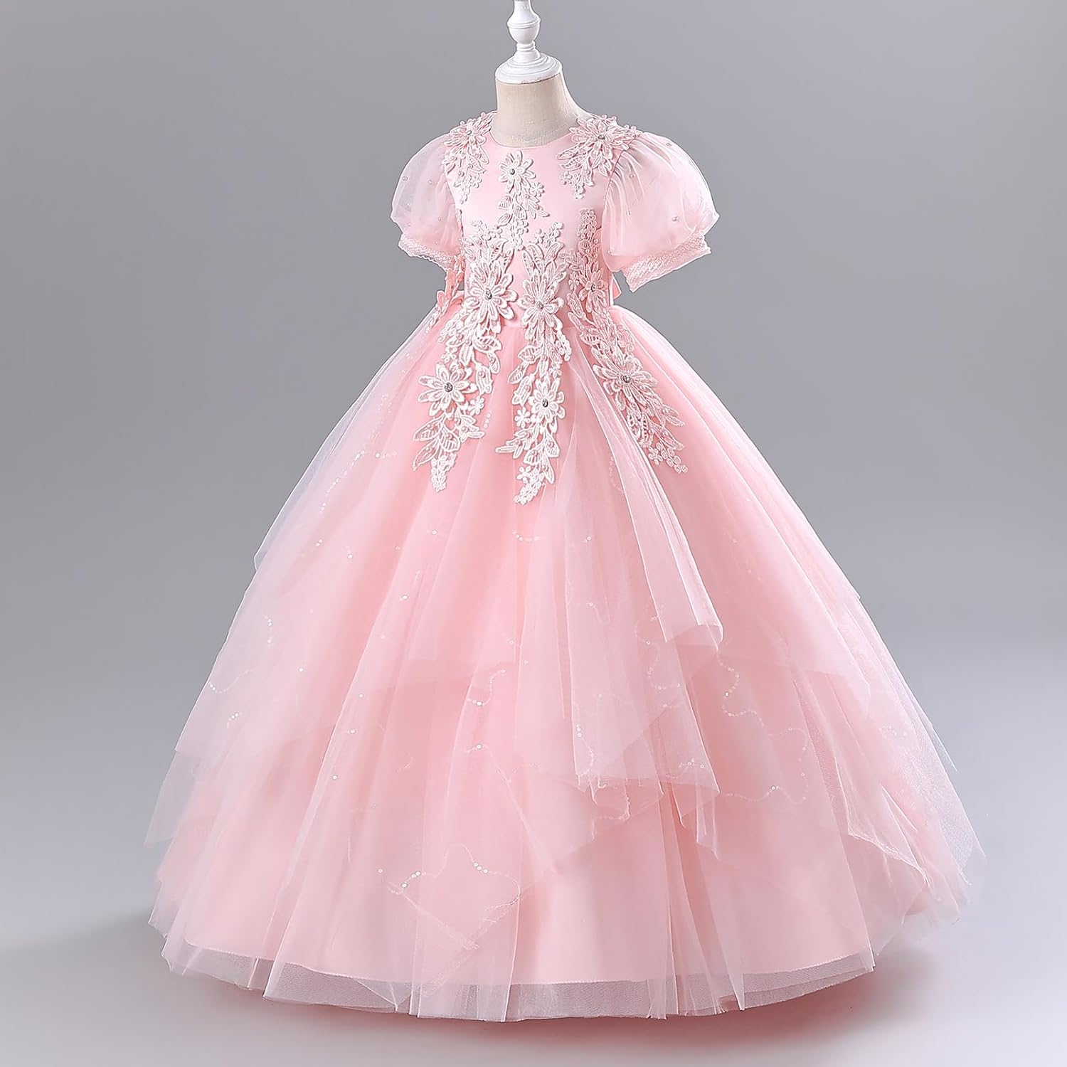 IDOPIP Flower Girl Sequin Applique Dress for Kids Wedding Pageant Party Long Gown Princess Communion Handkerchief Tulle Dress - Image 3