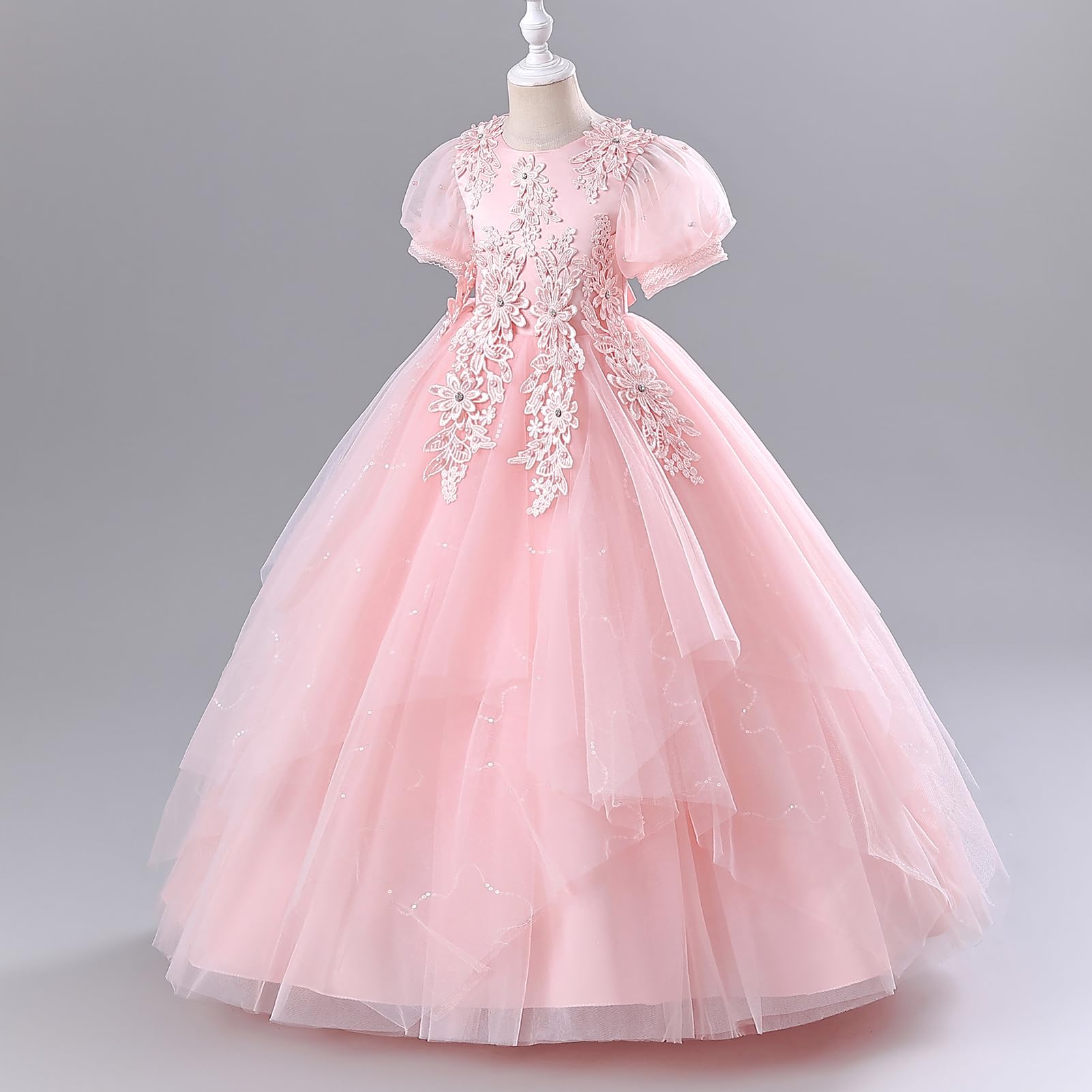 Blumenmädchen Kleid Floral Bestickt Kurze Ärmel Tüll Tutu Prinzessin Kleider Kind Mädchen Hochzeit Brautjungfer Geburtstag Erstkommunion Festzug Maxi Ballkleid 5-11 Jahre