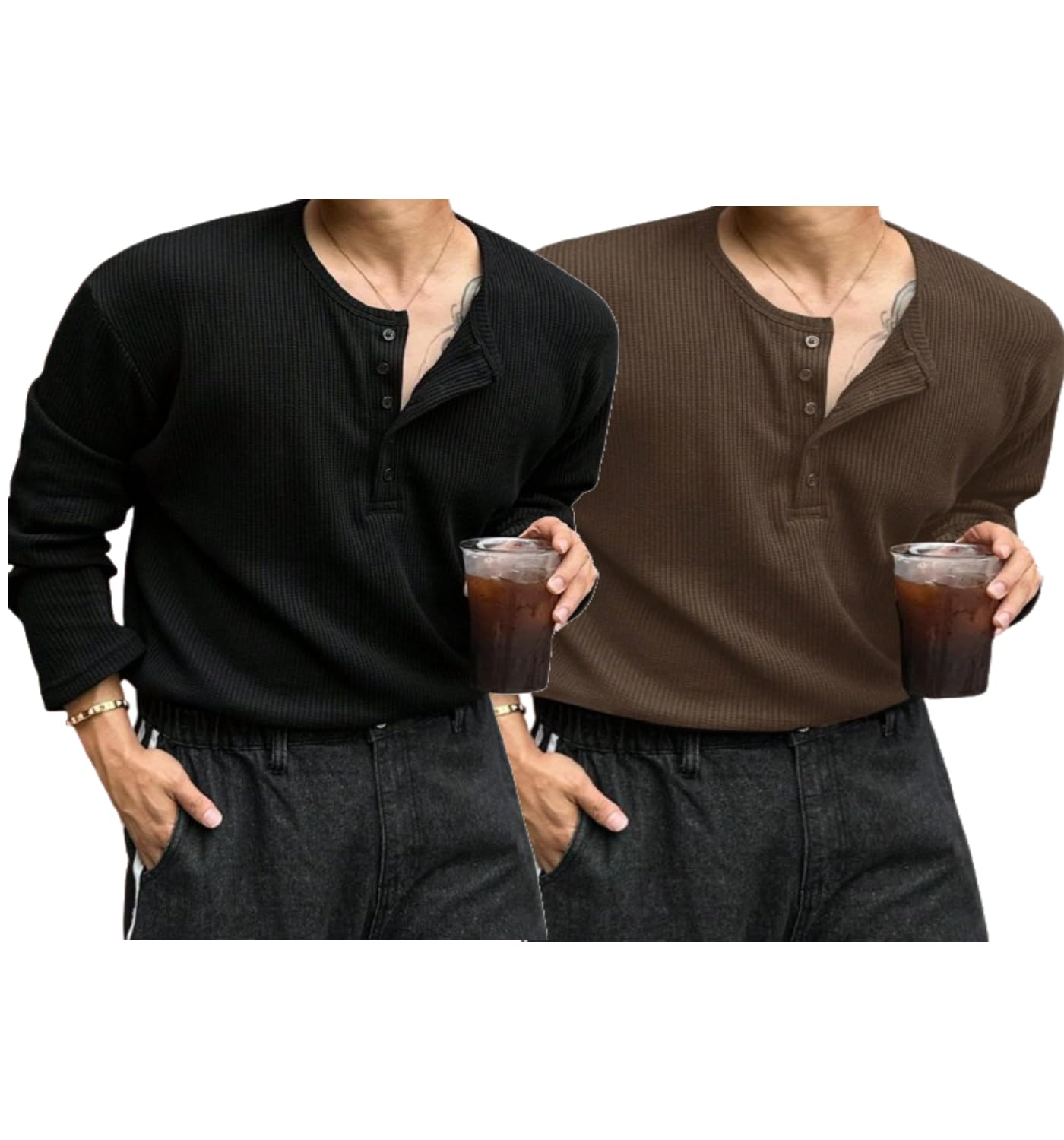 trillion Men's Textured Fabric Solid Color Basic Half-Open Collar T-Shirt, Fall Long Sleeve Men Shirt | Tshirt for Men-picture-21