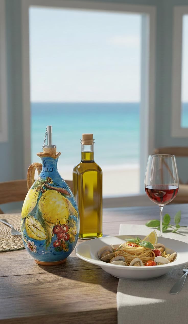 CERAMICHE D'ARTE PARRINI - Italian Ceramic Art Pottery Oil Cruet Bottle Decorated Lemons Amalfi Hand Painted Made in Italy Tuscan Florence