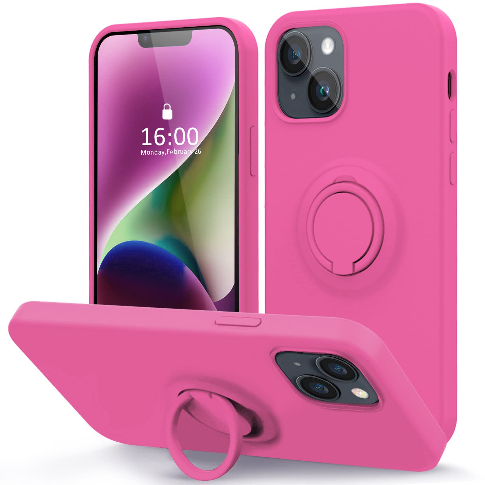 MOCCA Compatible with iPhone 14 Plus Phone Case with Ring Stand | Super Soft Microfiber Lining | Full-Body Anti-Scratch Liquid Silicone Case for iPhone 14 Plus Women Girls 6.7inch - Pitaya