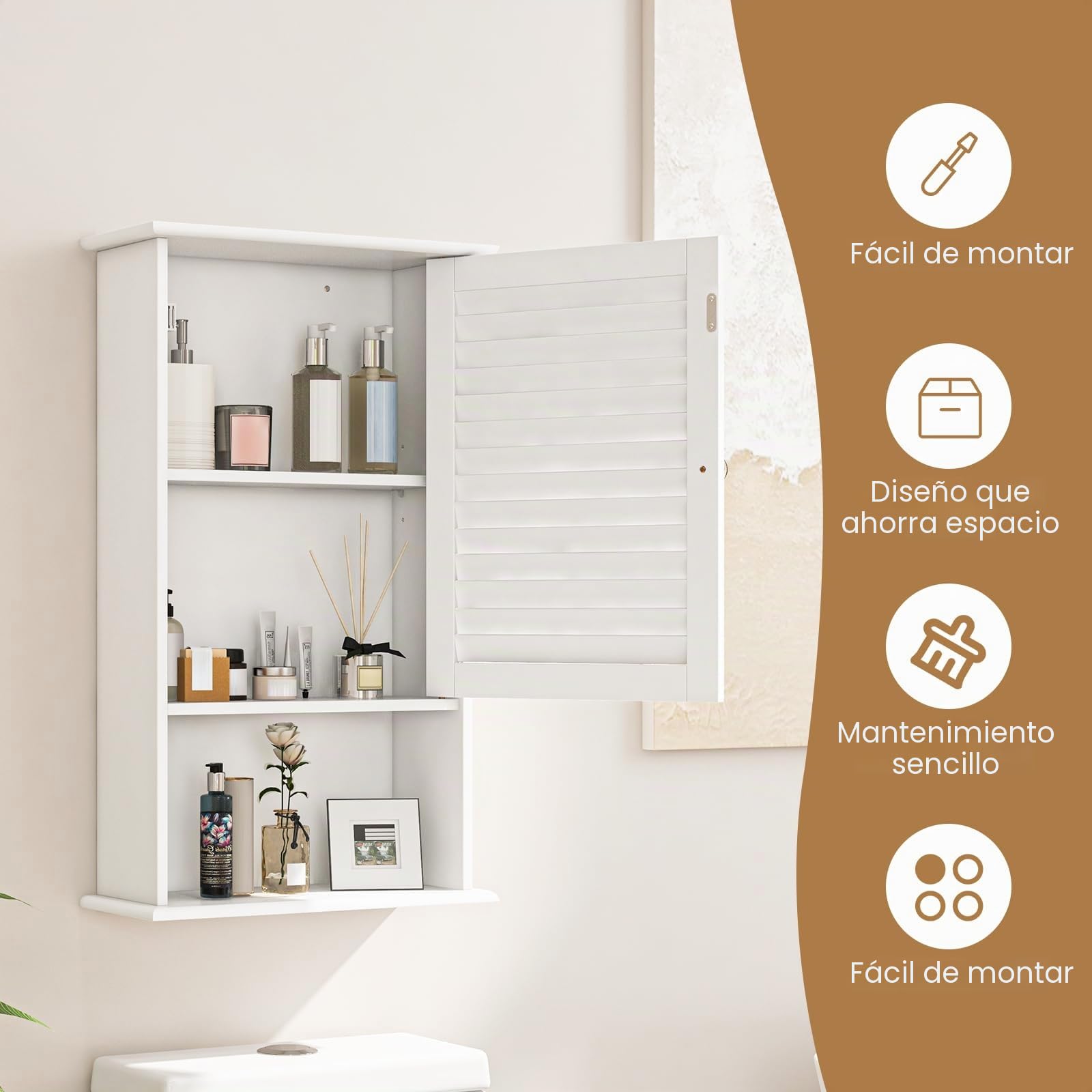 GIANTEX Armario Baño de Pared con una Puerta, 2 Estantes Ajustables y Compartimento Abierto, Armario de Madera de 3 Niveles, Mueble Multiuso para el Baño,Cocina,Entrada (Blanco)