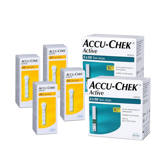 Accu-Chek Active 2 Packs of 100 (50x2) Test Strips + 4 Pack of Softclix Lancet 25