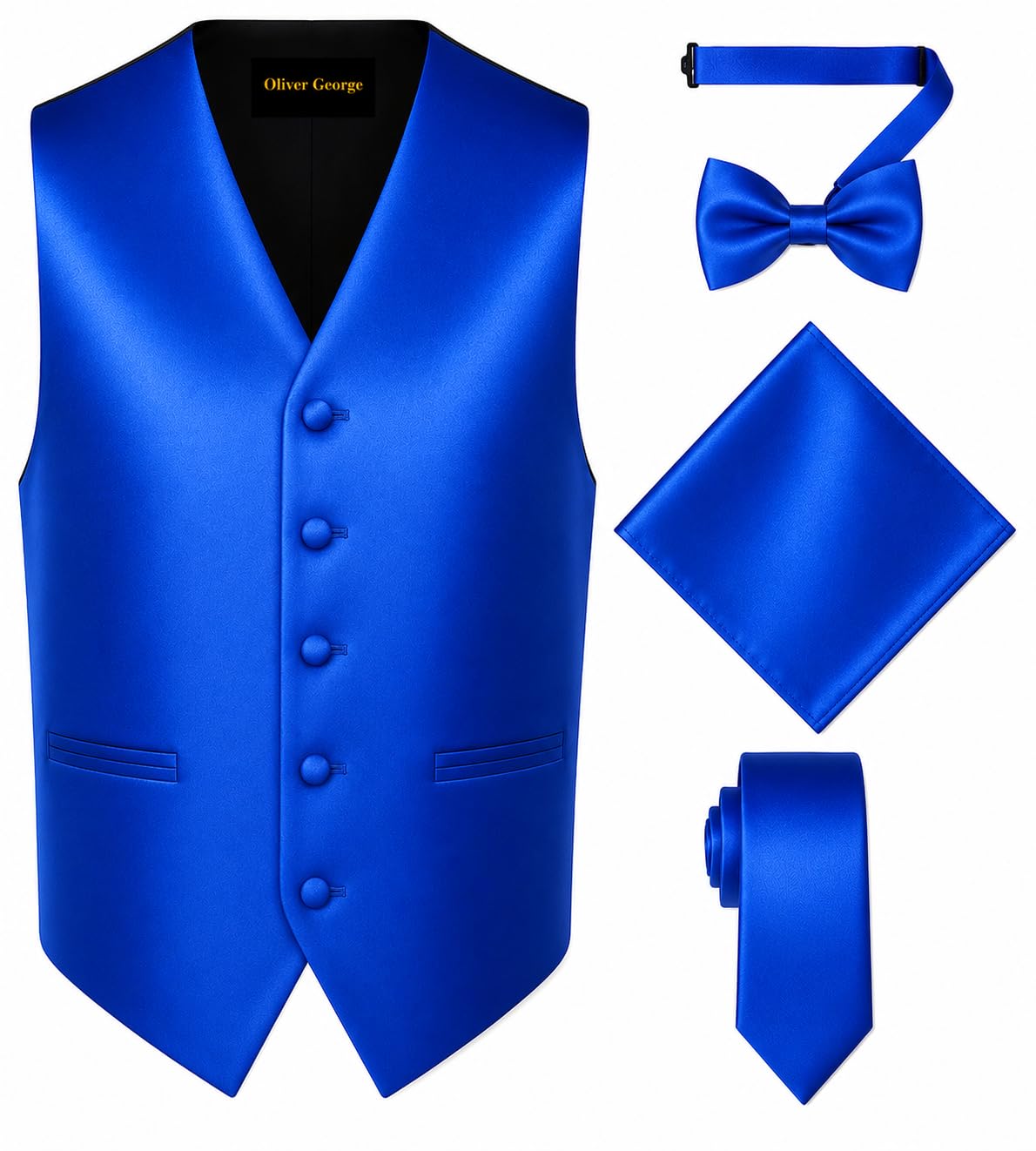 Oliver George 4pc Men's Solid Formal Suit Waistcoat Tuxedo Dress Vest Necktie Bowtie Handkerchief Set for Suit or Tuxedo