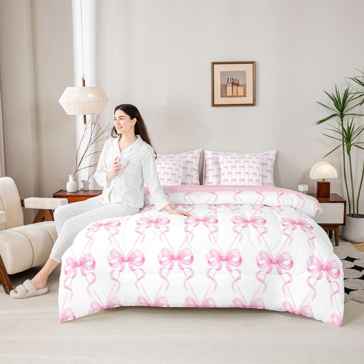 Erosebridal Pink Bowknot Comforter Set Ribbon Bow Bed in A Bag Twin Size 7 Pieces Bow Tie Bed Set Room Decor Cute Girly Bedding with Sheets