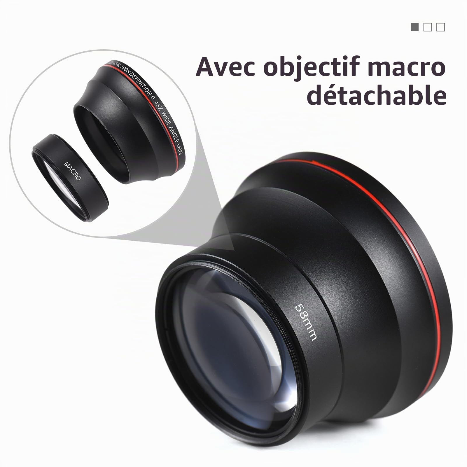 Andoer Kit Objectif Caméra 58mm avec Objectif Grand Angle 0,43X Objectif Macro Remplacement Lentille Appareil Photo DSLR En Alliage D'aluminium pour Canon Canon Canon Rebel